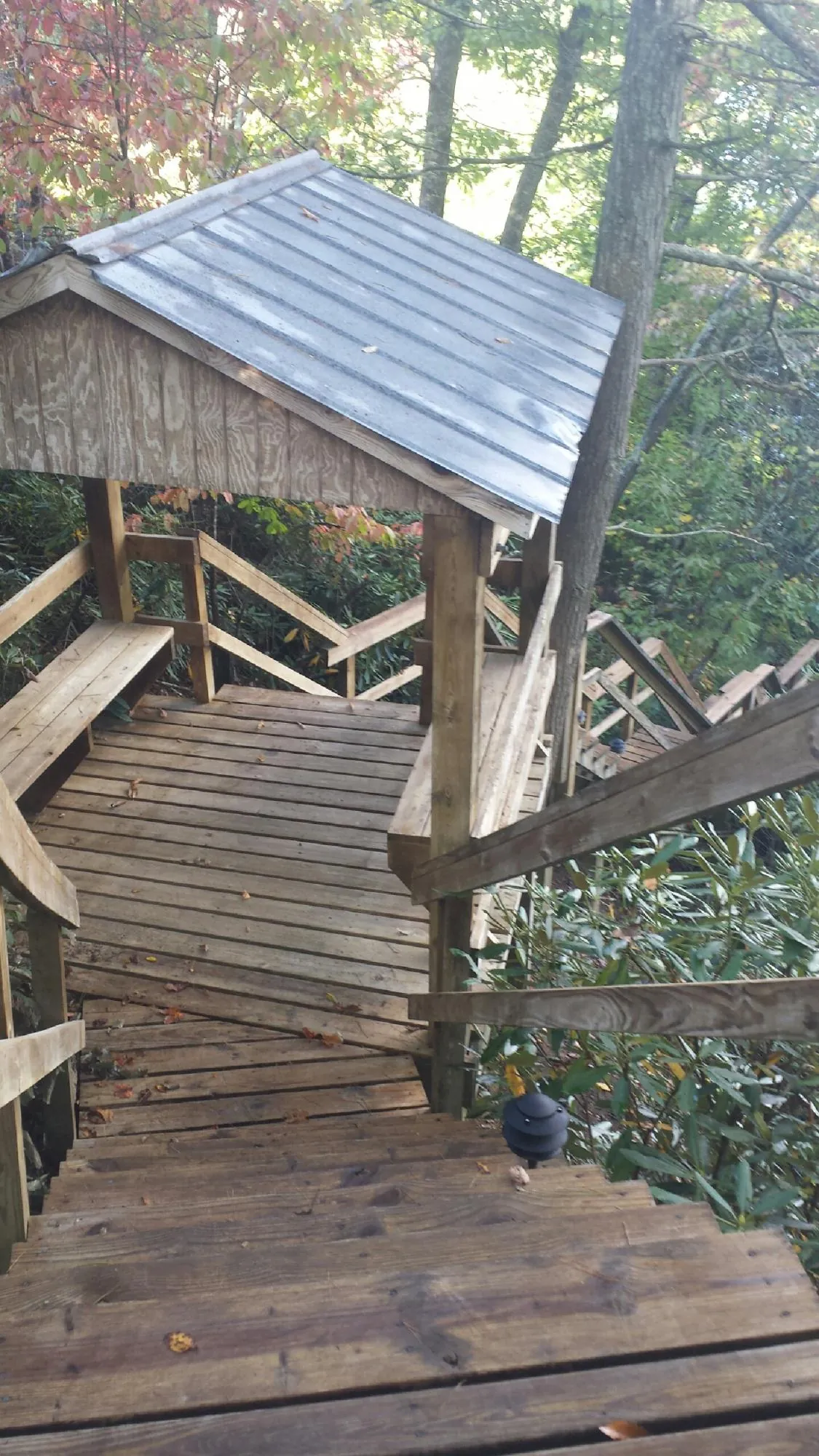 Metal roofed shelter over wooden steps on a wooded walkway — Skylight Repair & Installation work by our crew in Beaver